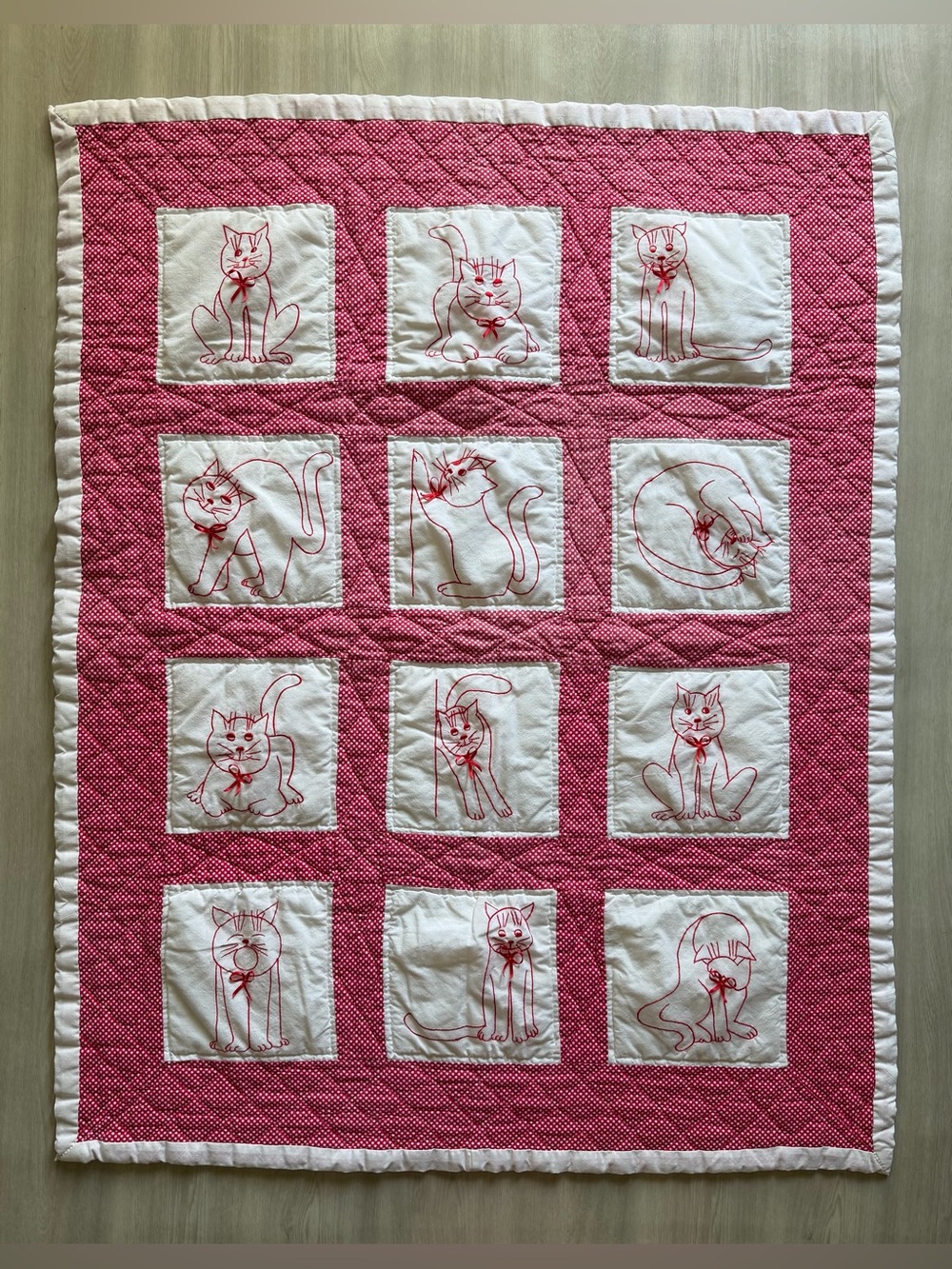Vintage Antique Redwork Cat Handmade Quilt Blanket